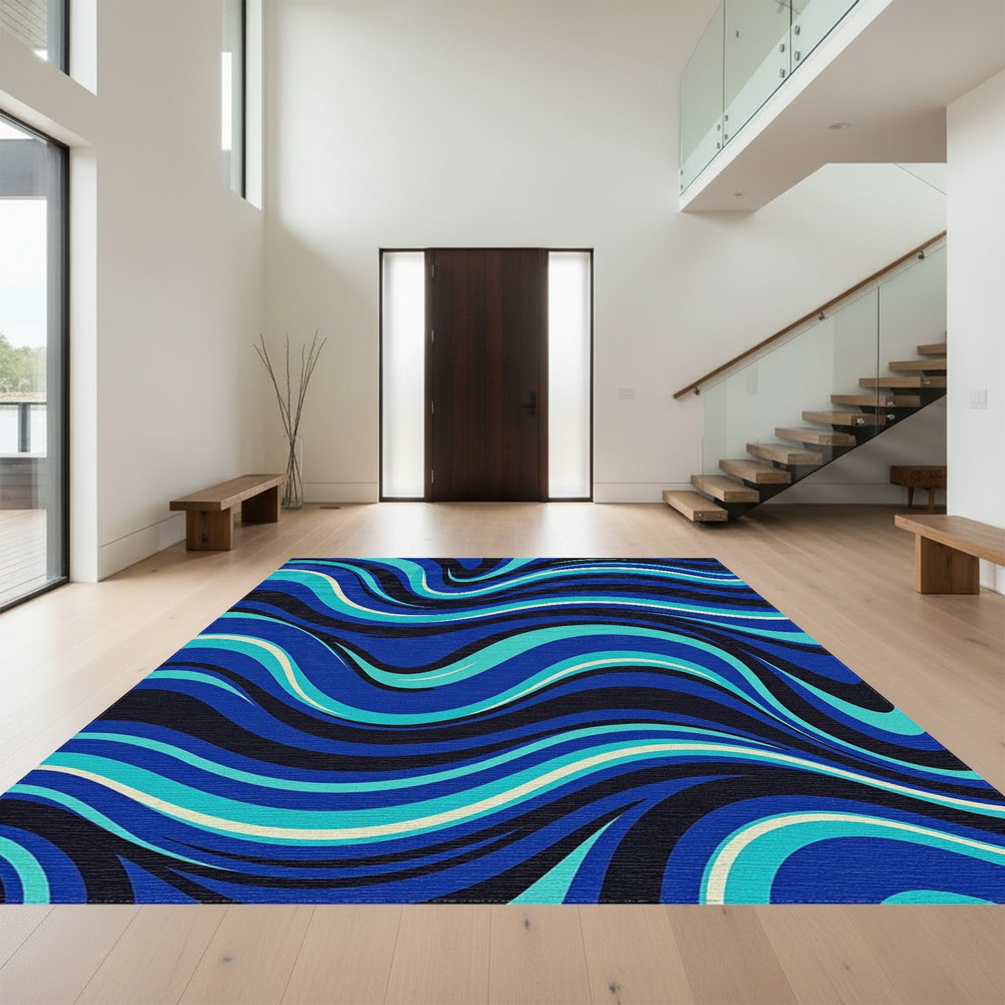 Navy Teal Wavy Abstract Rug
