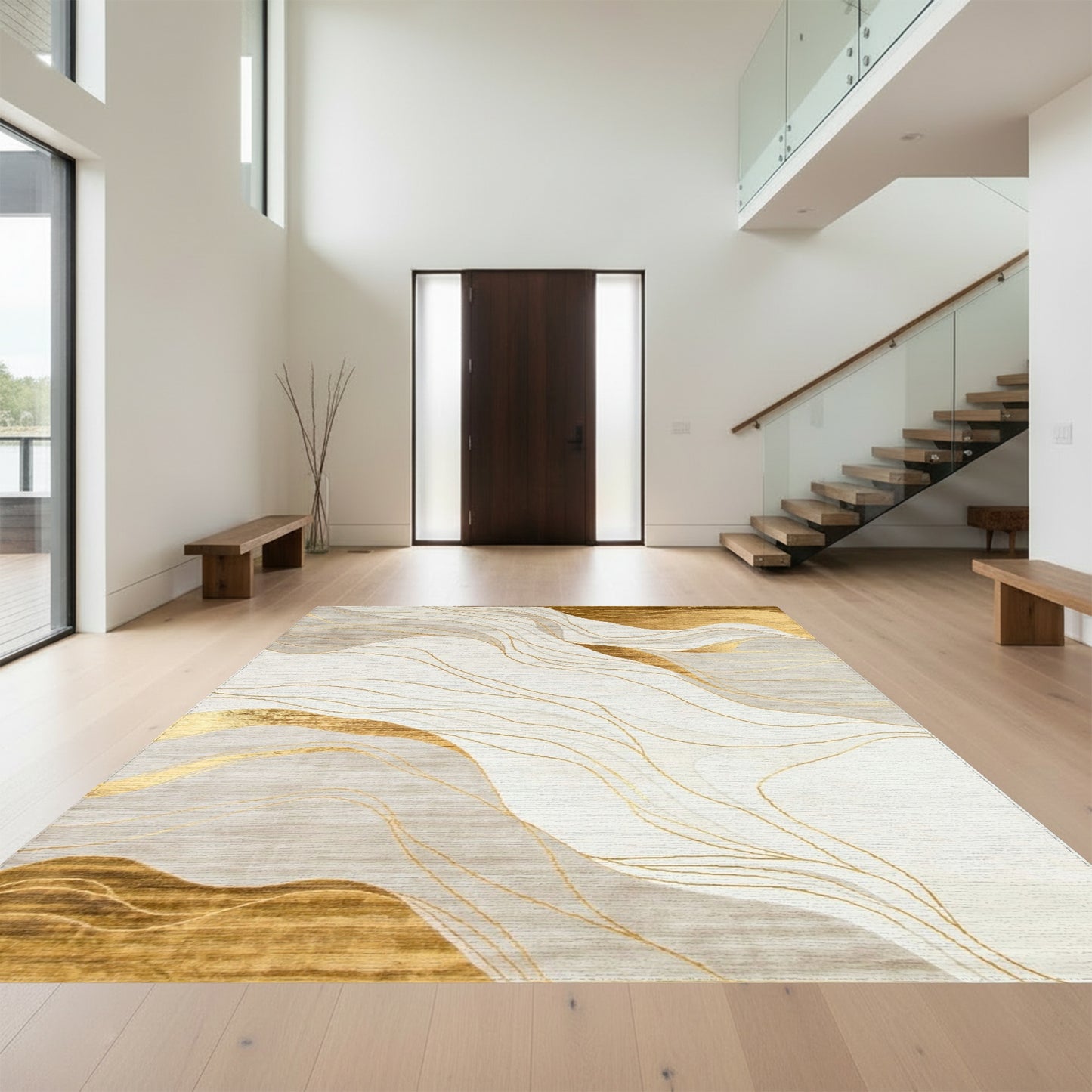 Fluid Gold Gray Wave Rug