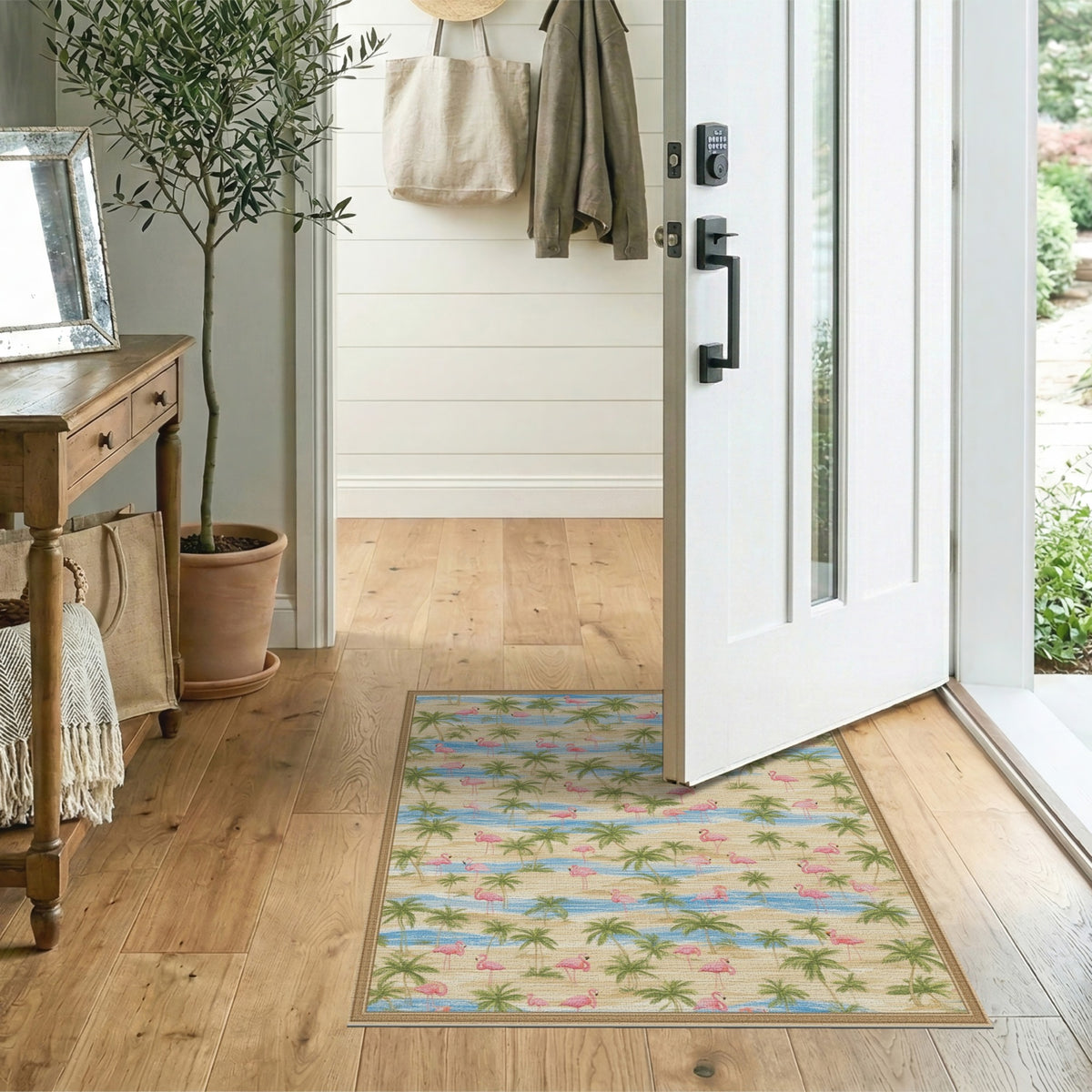 Pink Flamingo Coastal Beach Area Rug