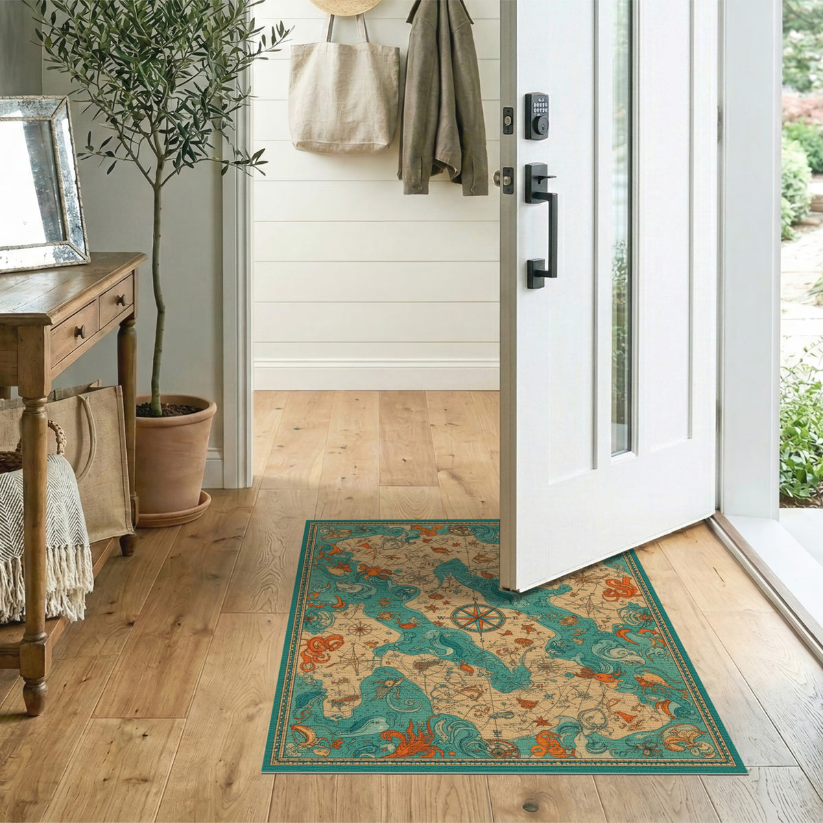 Vintage Nautical Map Octopus Area Rug