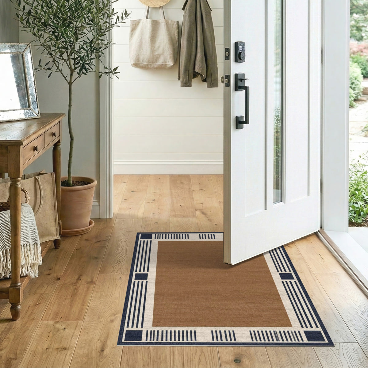 Geometric Brown Navy Border Area Rug