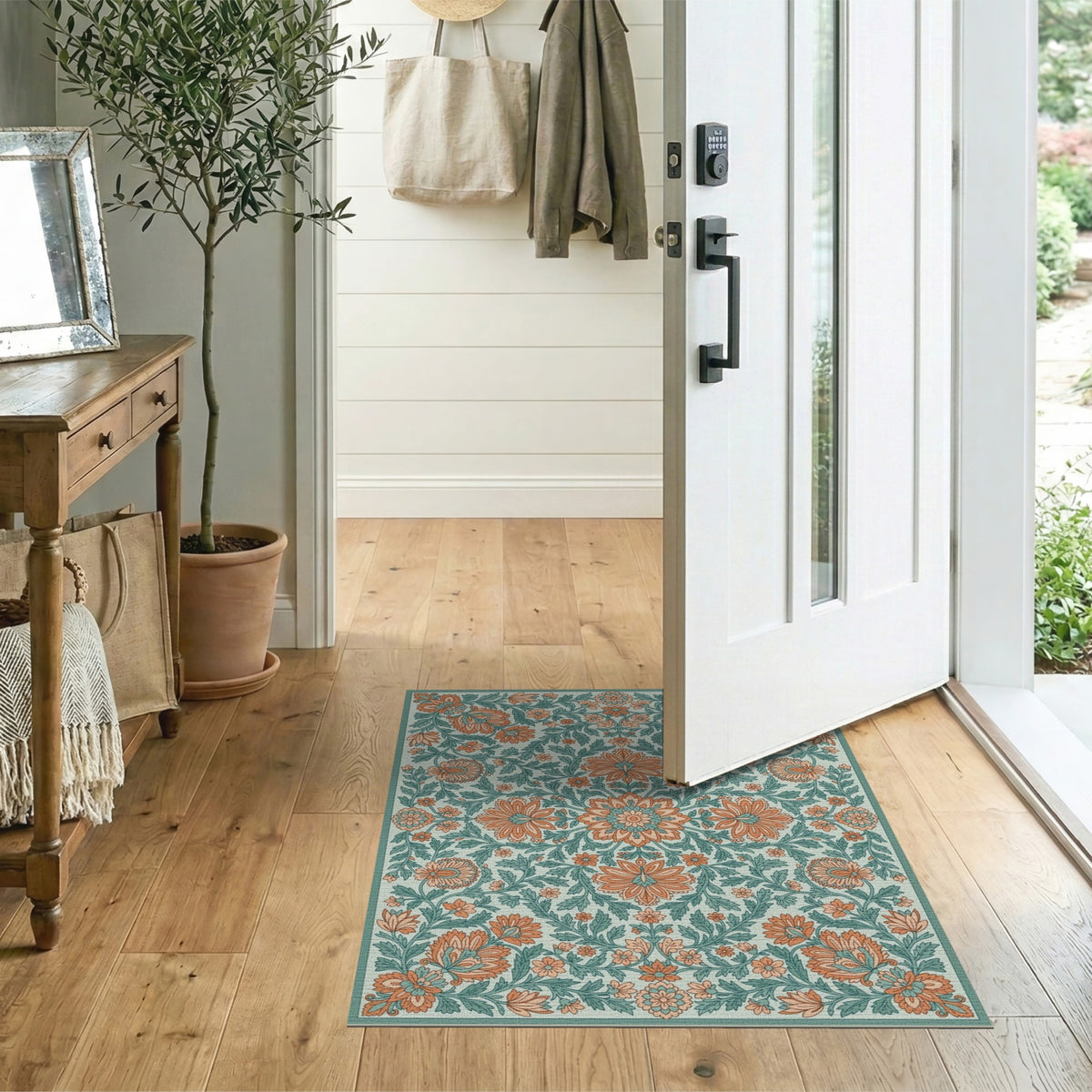Orange Floral Vintage Teal Area Rug