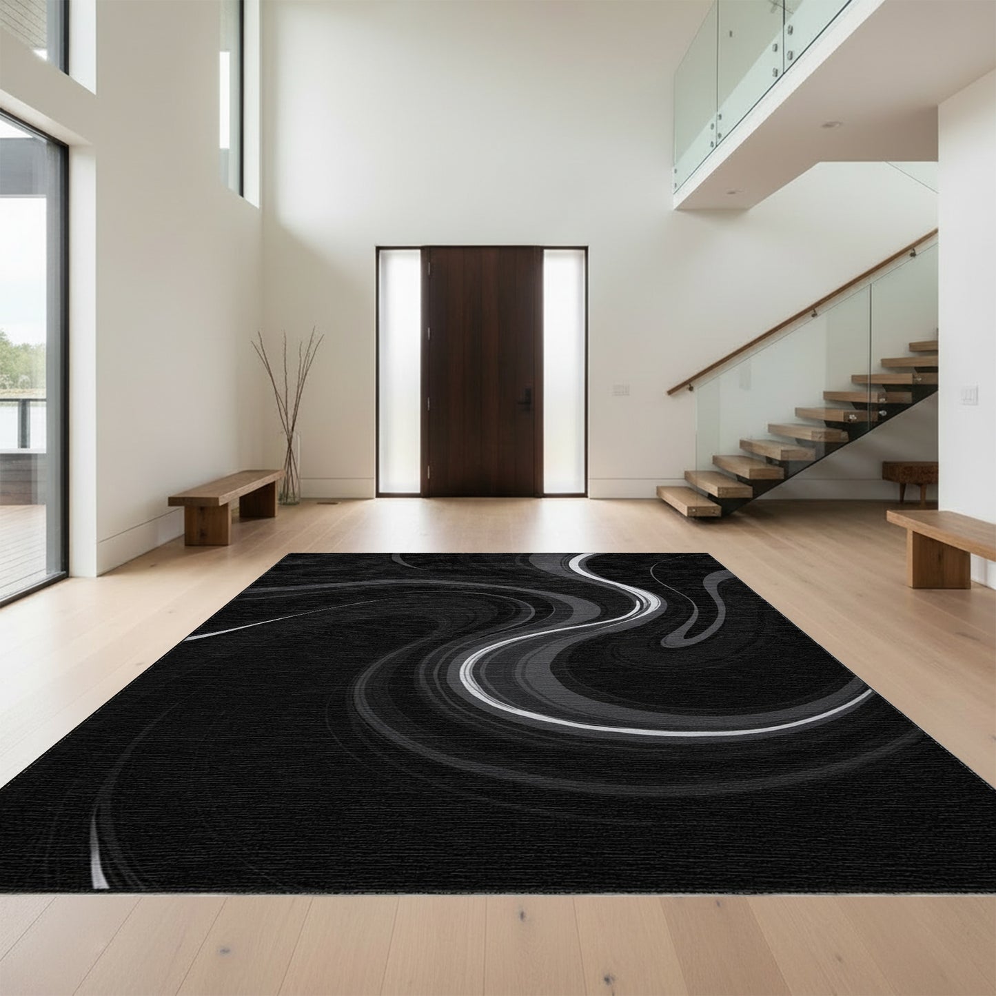 Black Gray Swirling Fluid Rug