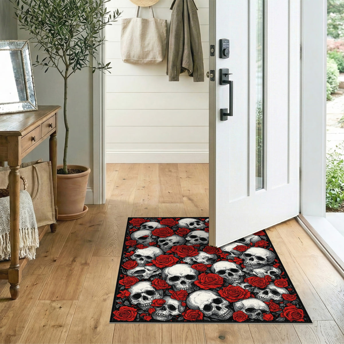 Skull and Red Rose Black Area Rug