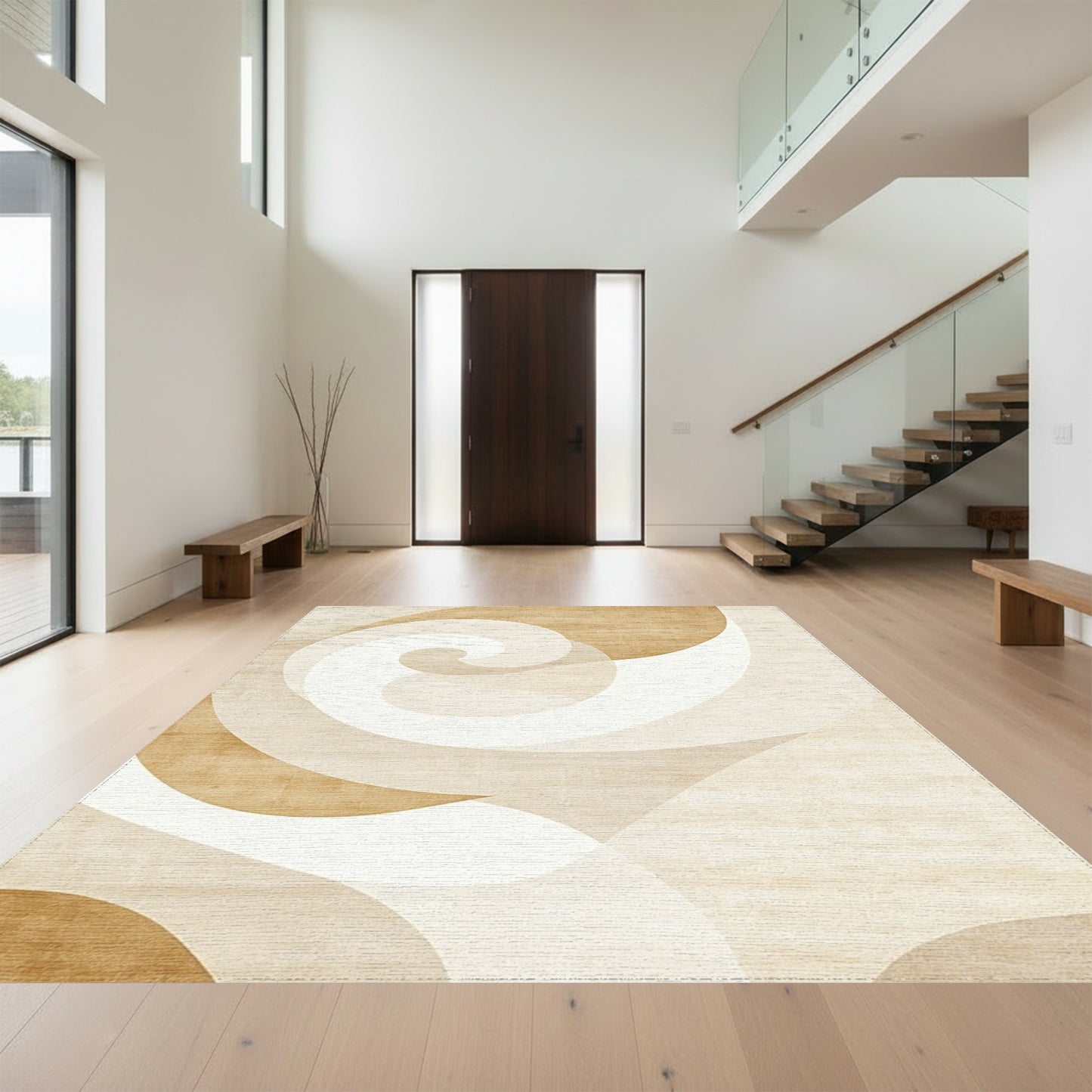 Beige Cream Spiral Abstract Rug