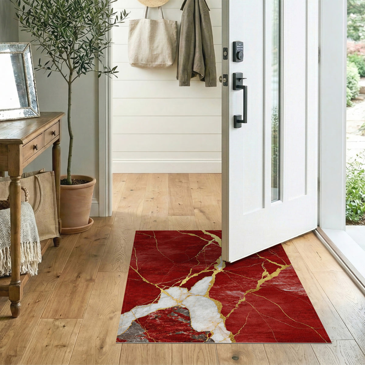 Red Marble Gold Vein Area Rug