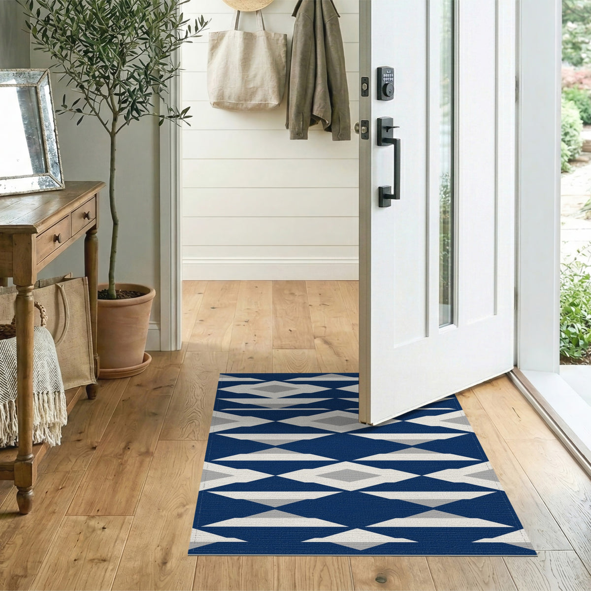 Navy Blue Geometric Diamond Blue and Teal Area Rug