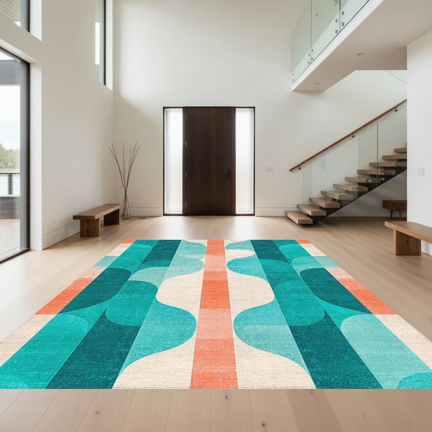 Teal Orange Wavy Geometric Rug