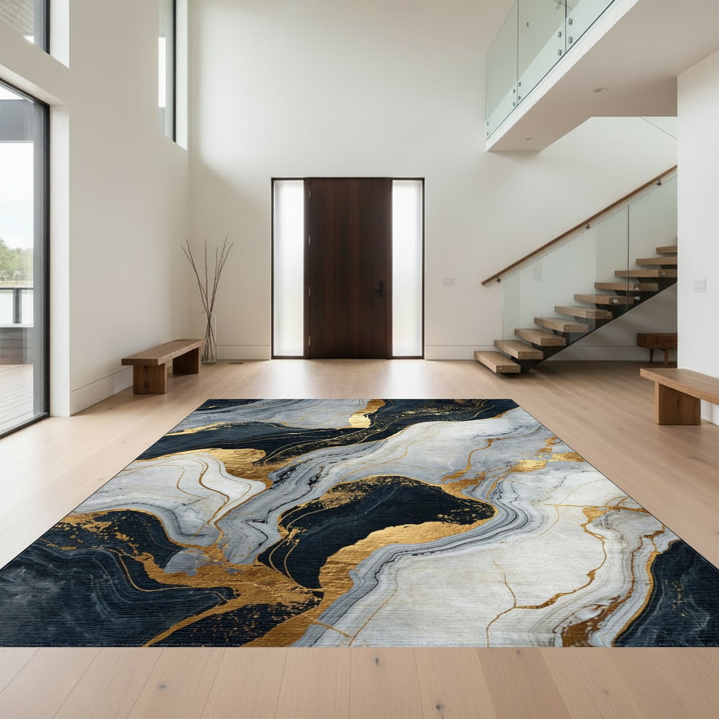 Navy Gray Gold Veined Marble Rug