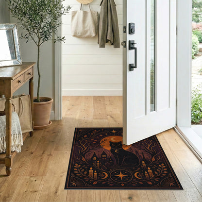 Black and White Mystical Black Cat Moon Area Rug
