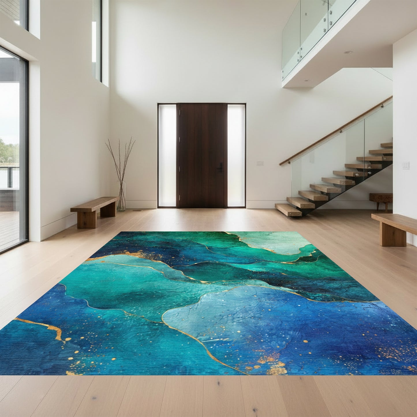Swirling Teal Gold Fluid Rug