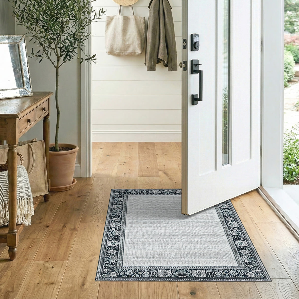 Black White Floral Border Area Rug