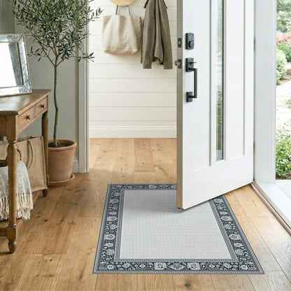 Black White Floral Border Area Rug