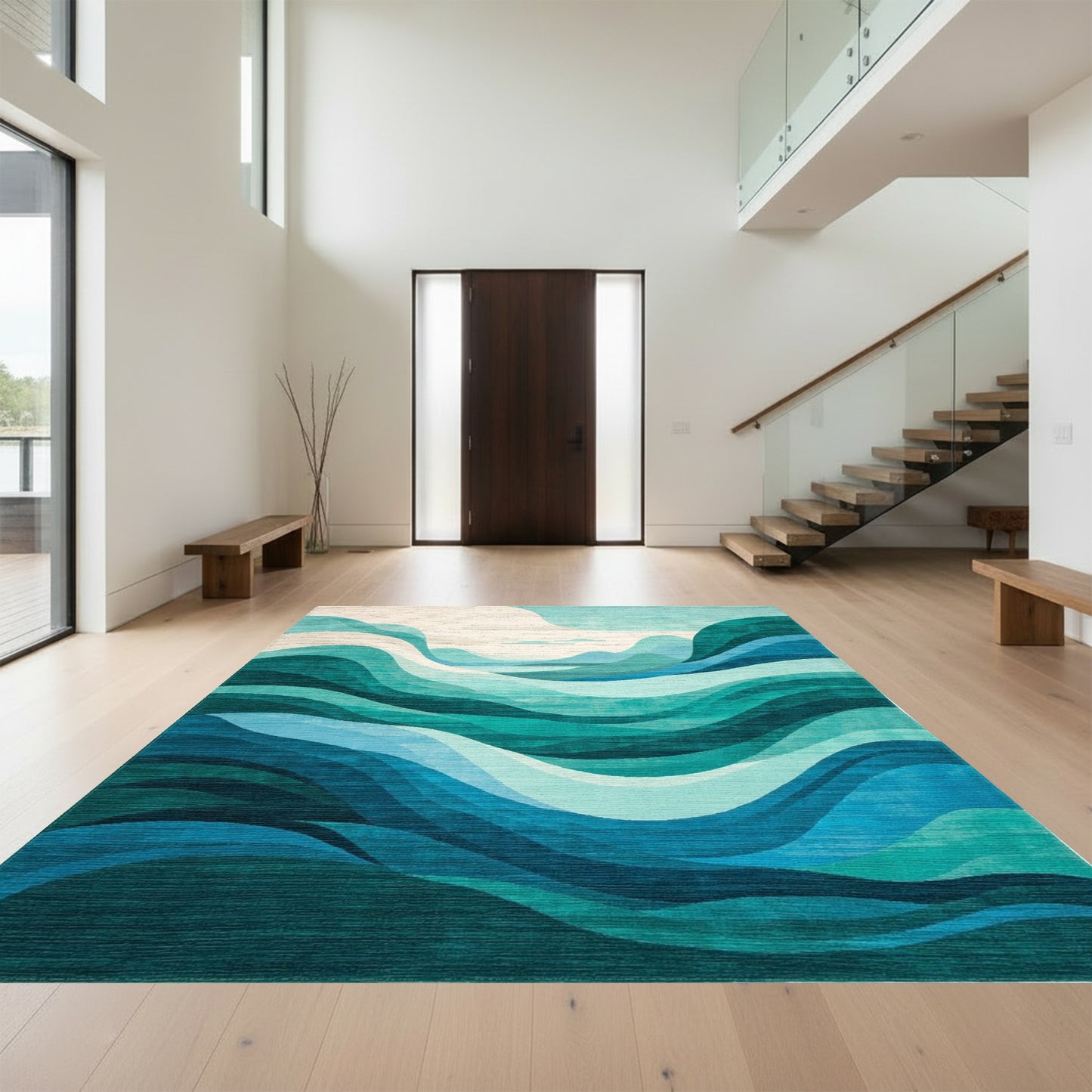 Teal Layered Abstract Waves Rug