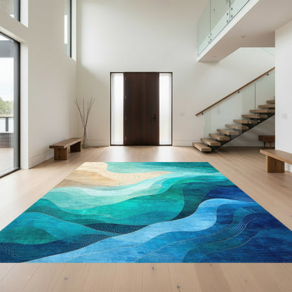 Teal Blue Abstract Wave Rug