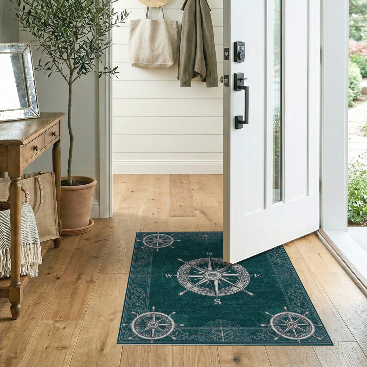Vintage Nautical Compass Teal Area Rug