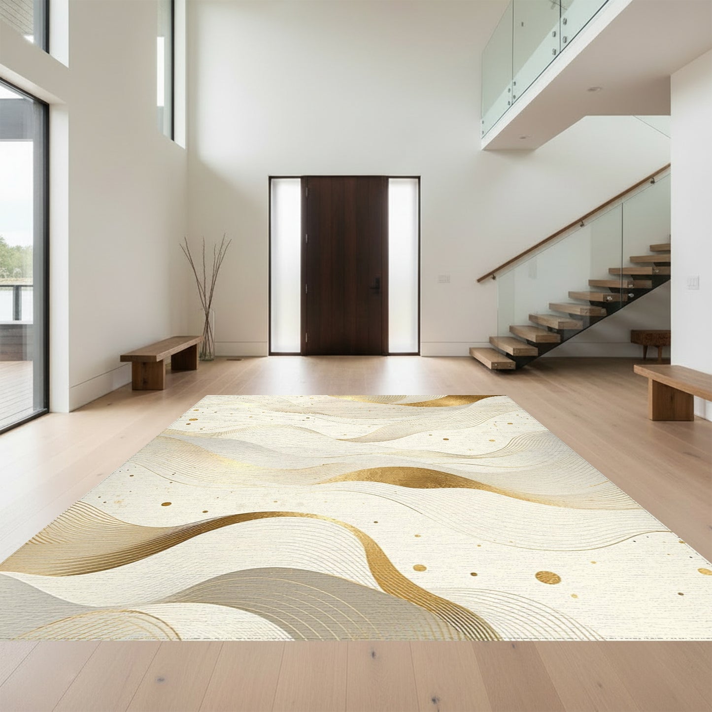 Elegant Gold Wave Abstract Rug