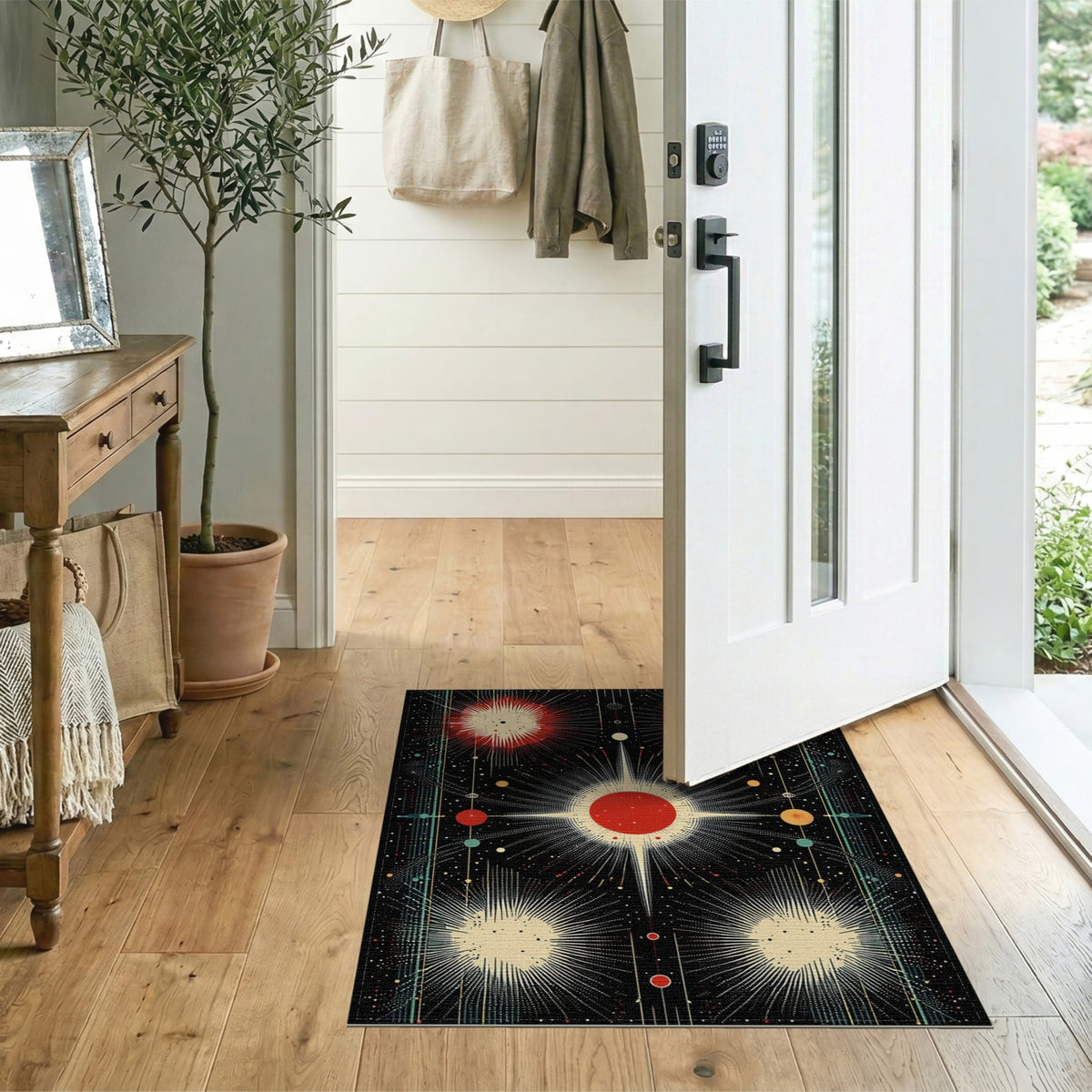 Cosmic Red Burst Washable Area Rug