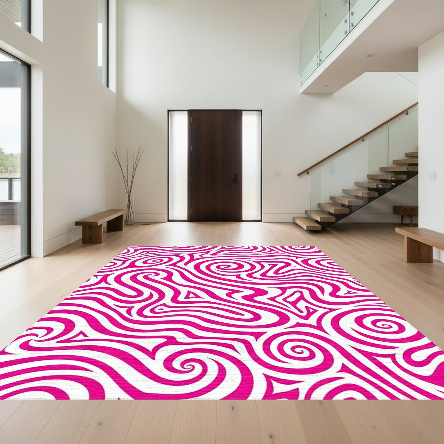 Pink White Swirling Waves Rug