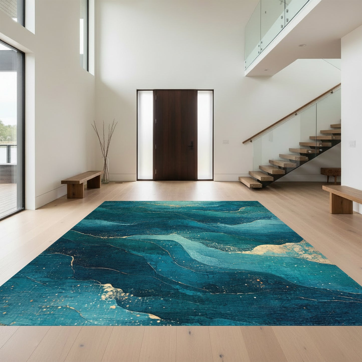 Layered Teal Gold Waves Rug