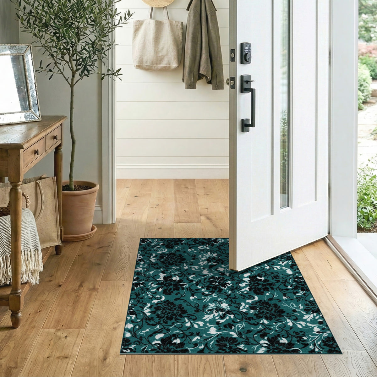 Teal Black Floral Vintage Area Rug