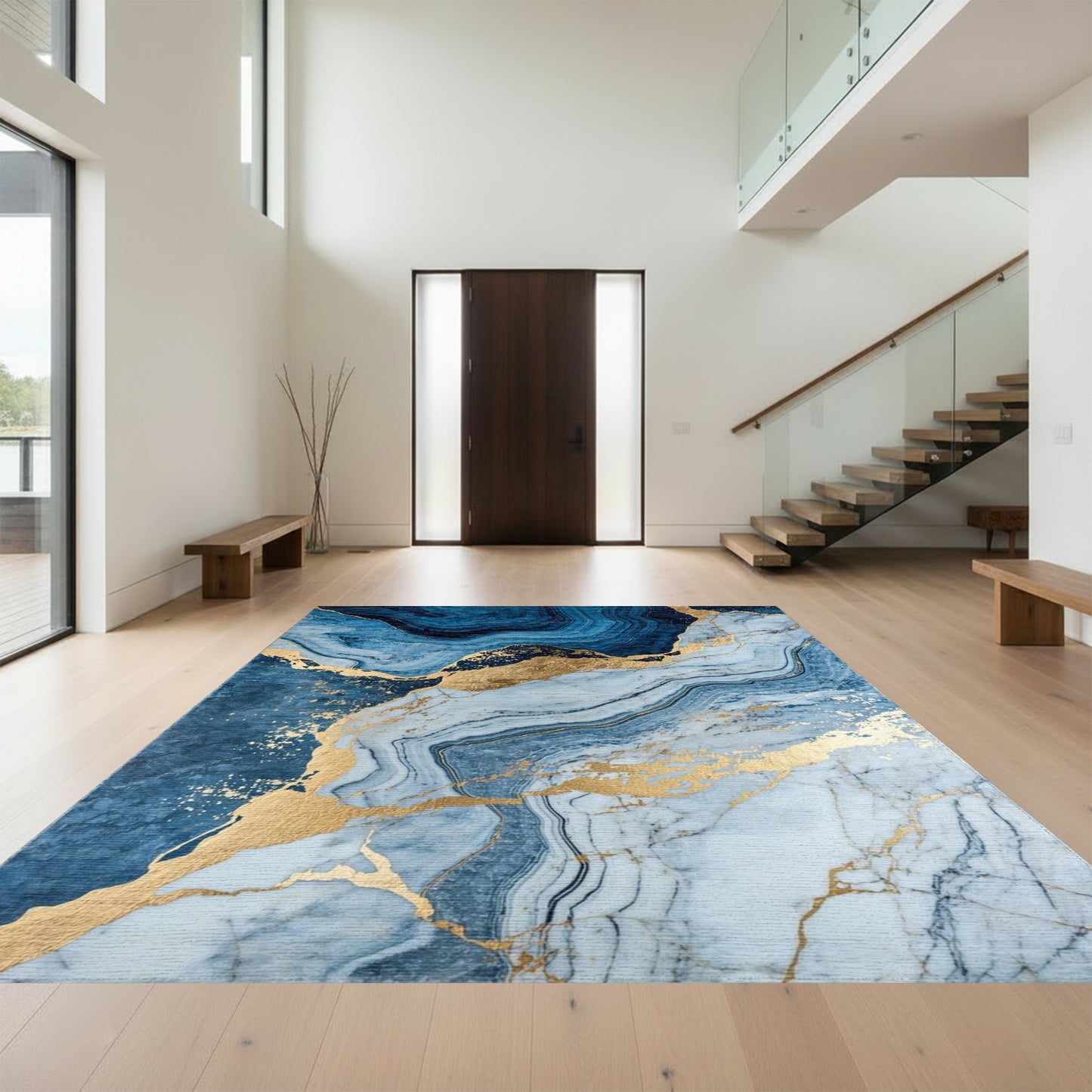 Navy Blue Gold Veined Marble Rug
