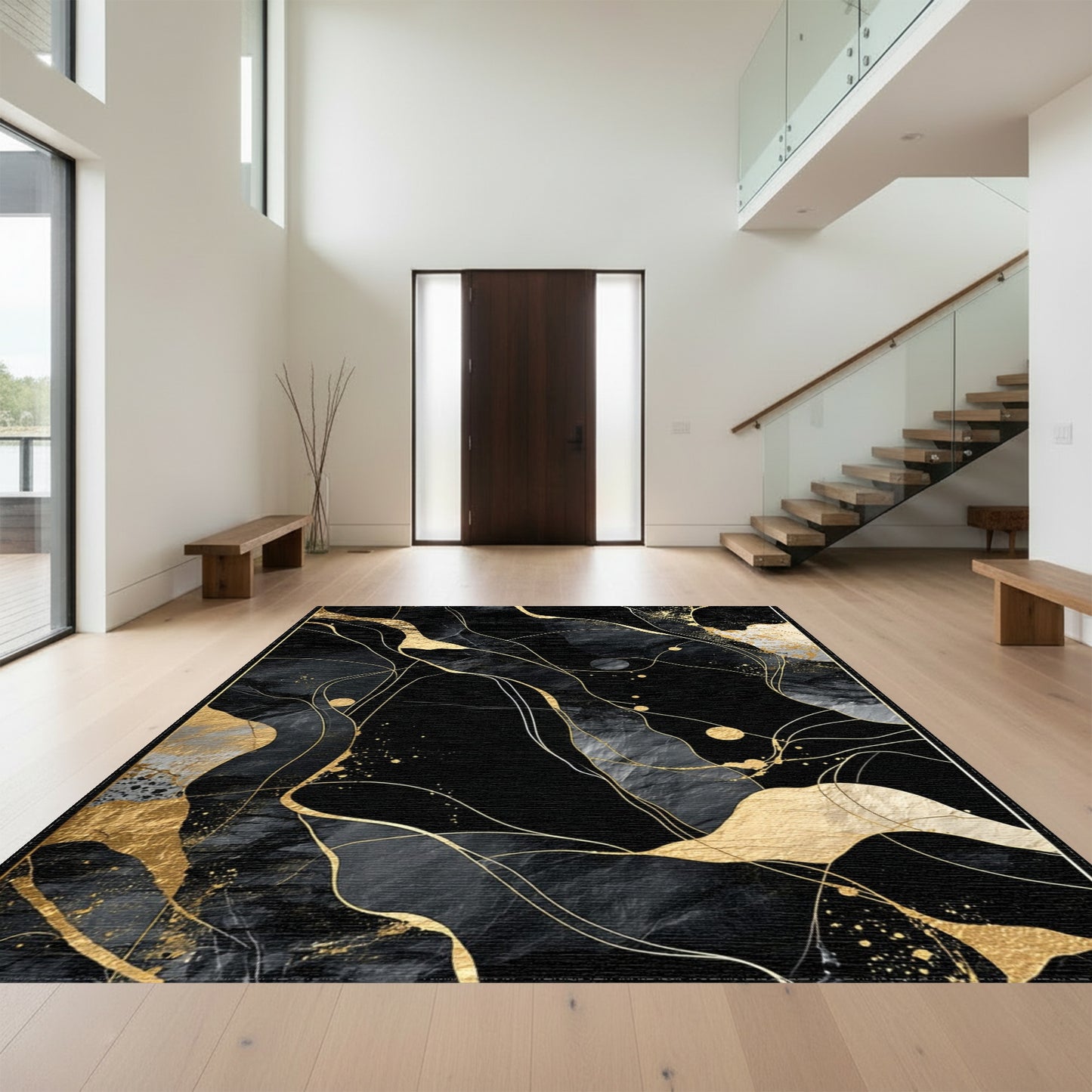 Black Gold Fluid Abstract Rug