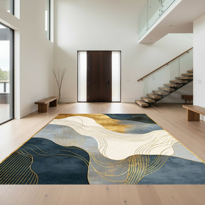 Abstract Gold Navy Wave Rug