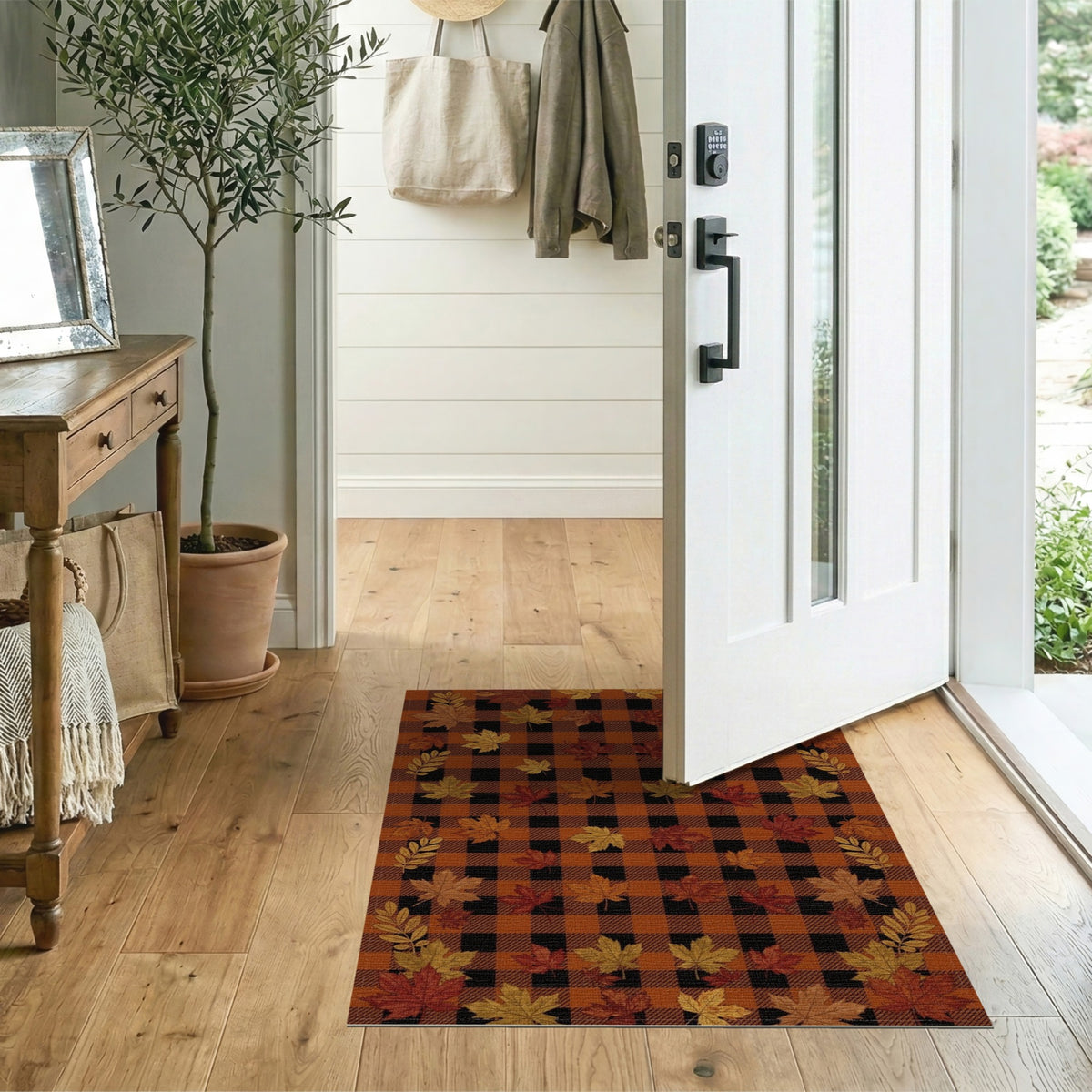 Fall Leaves Buffalo Check Area Rug