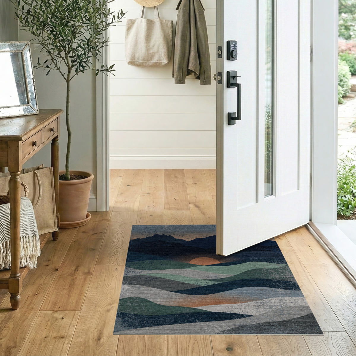 Distressed Blue Teal Mountain Sunset Area Rug