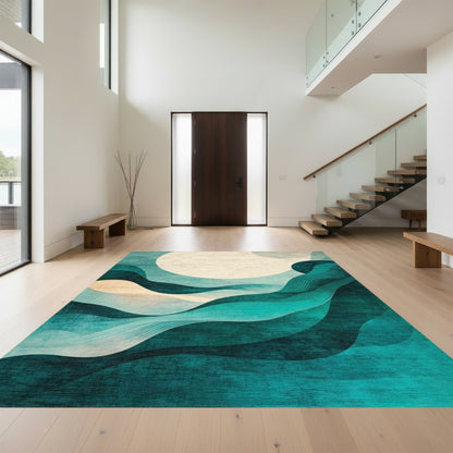 Teal Wavy Moon Abstract Rug