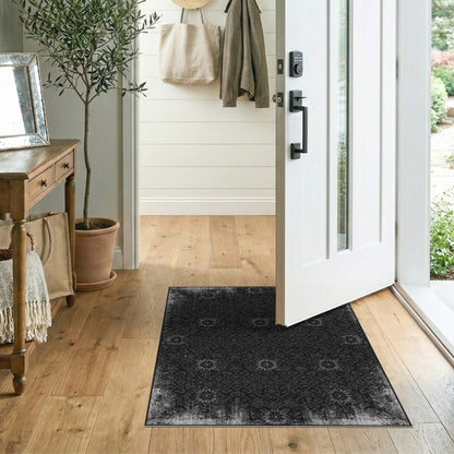 Black White Distressed Vintage Floral Area Rug