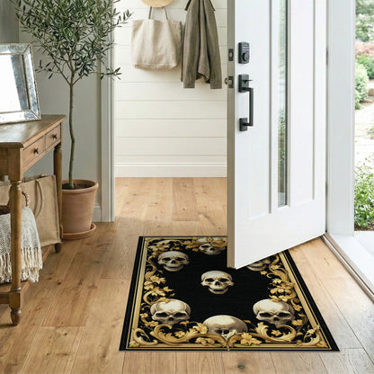 Ornate Gold Skull Floral Area Rug