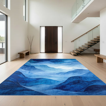 Layered Blue Watercolor Waves Rug