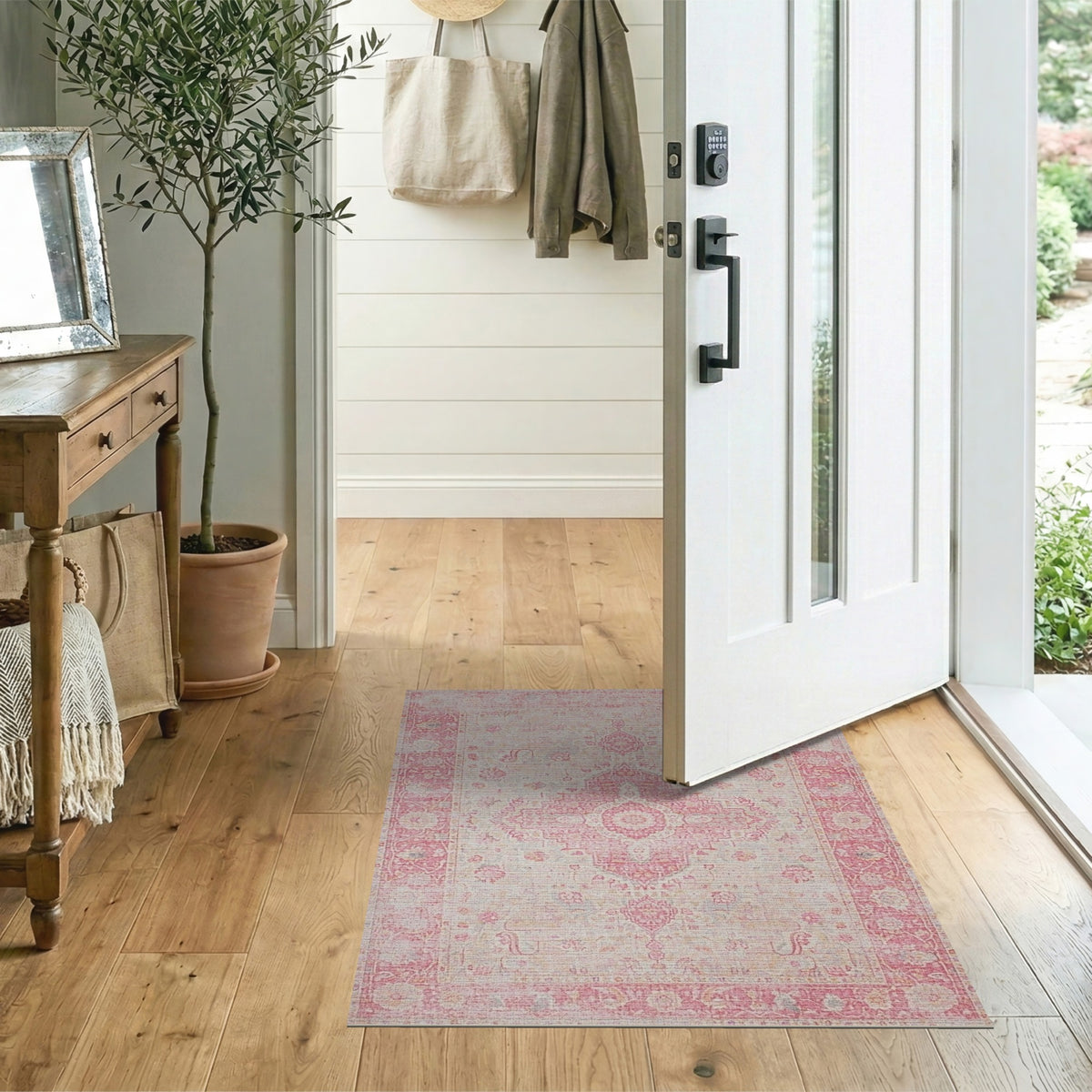 Pink Distressed Vintage Floral Pink Area Rug
