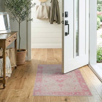Pink Distressed Vintage Floral Pink Area Rug
