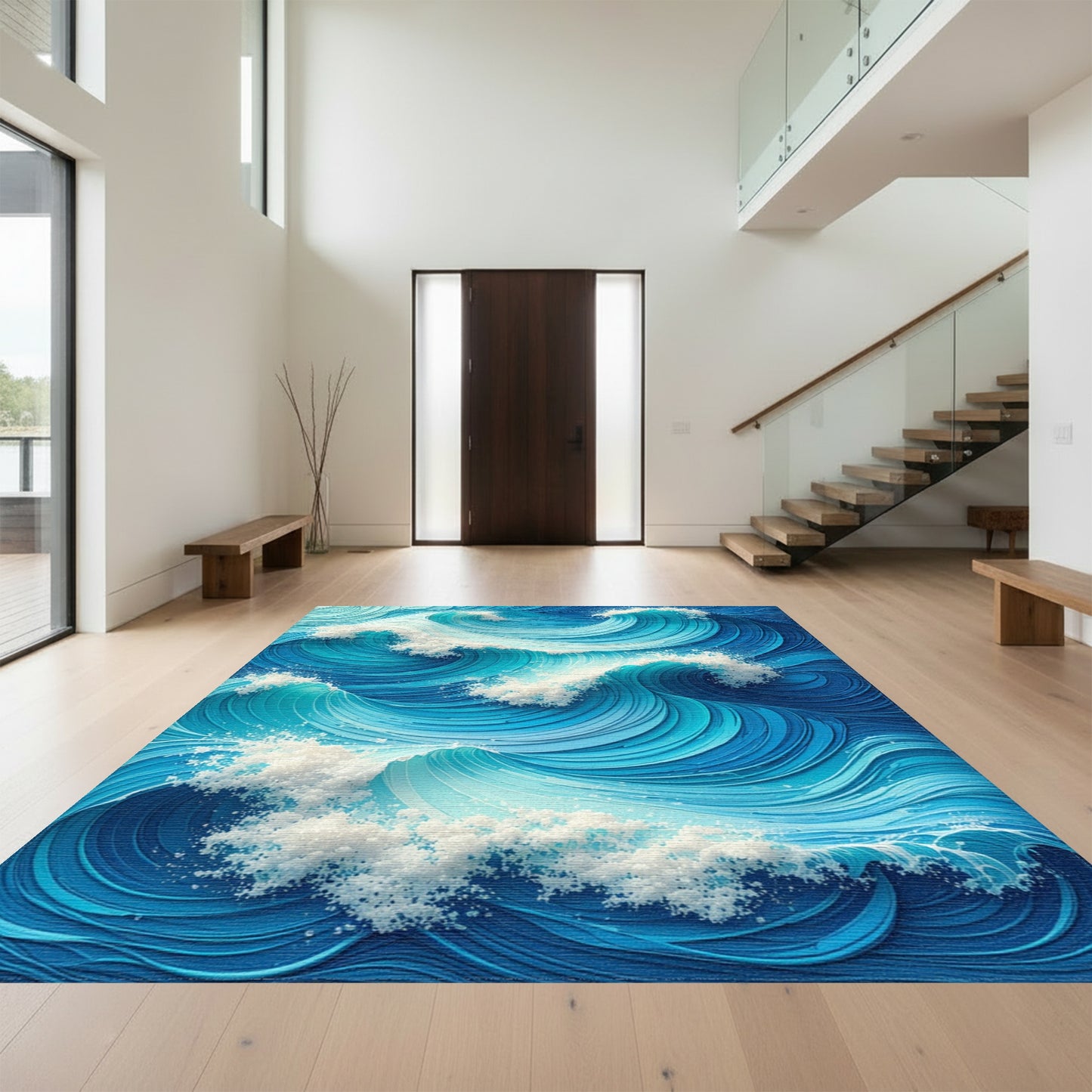 Teal Swirling Wave Crests Rug