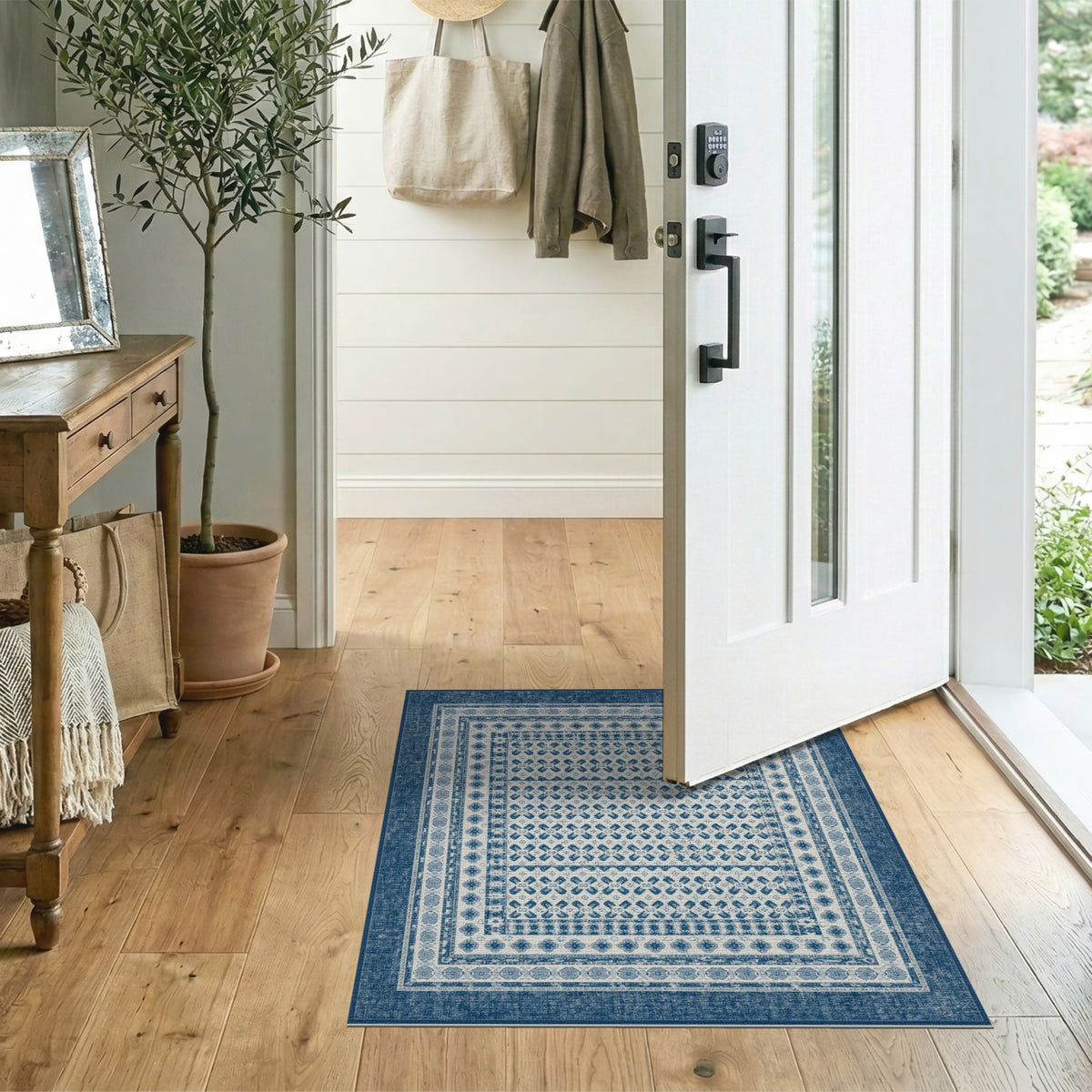 Blue Distressed Vintage Geometric Area Rug