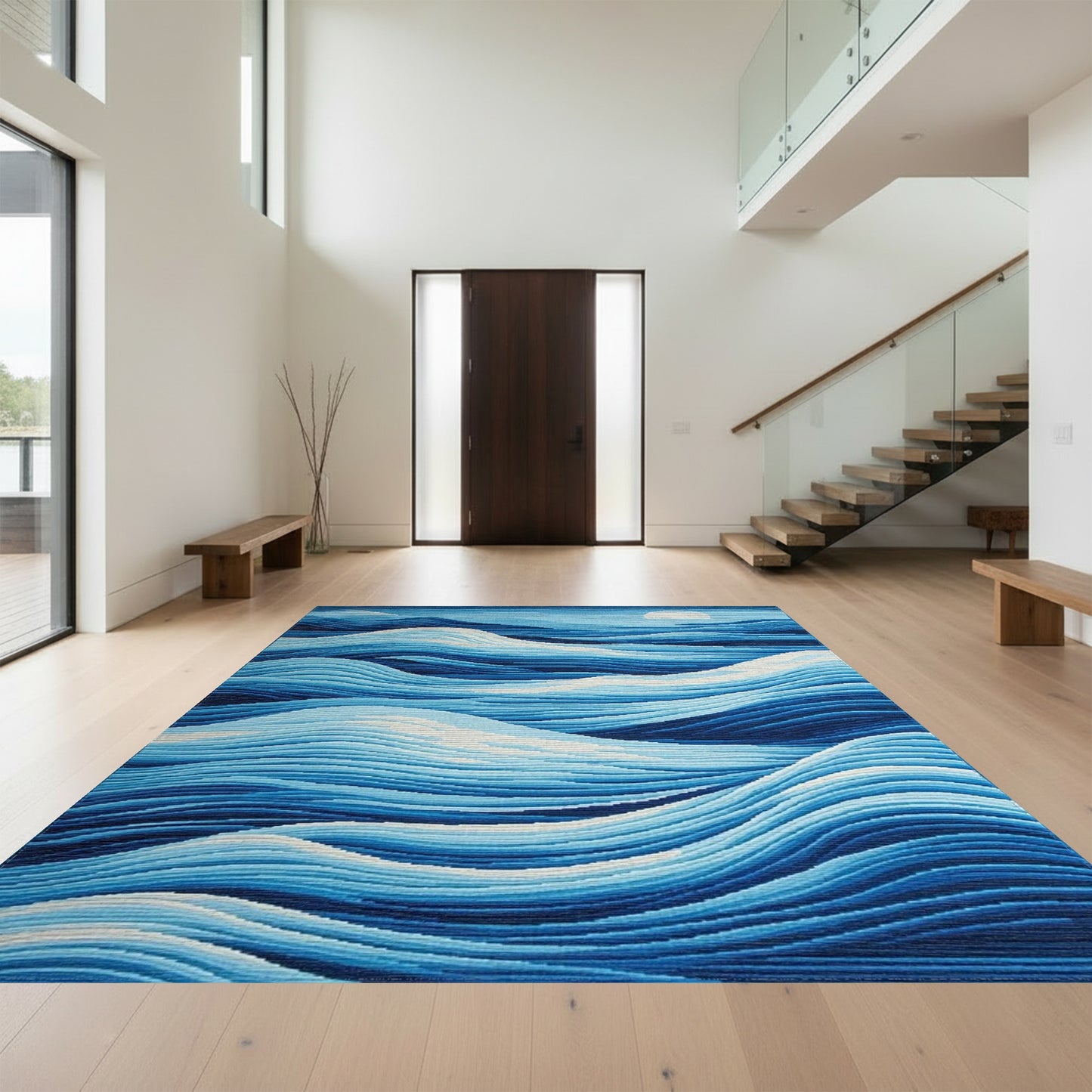 Blue Layered Waves Moon Rug