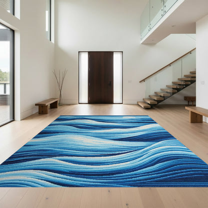 Blue Layered Waves Moon Rug