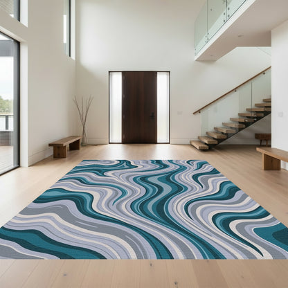 Teal Gray Swirling Waves Rug