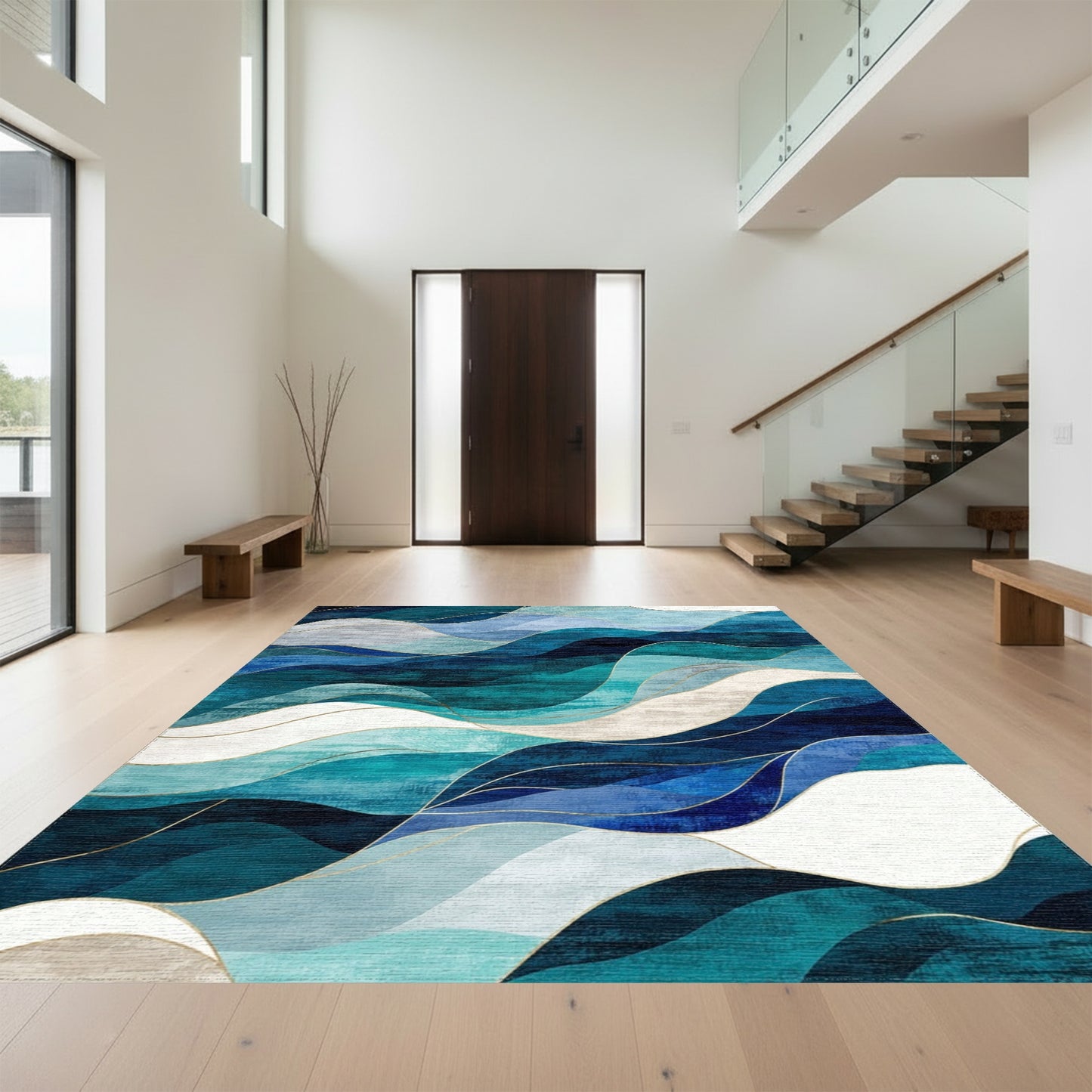 Teal Navy Layered Waves Rug