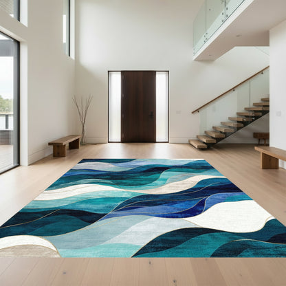 Teal Navy Layered Waves Rug