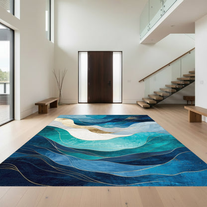 Navy Teal Gold Abstract Waves Rug