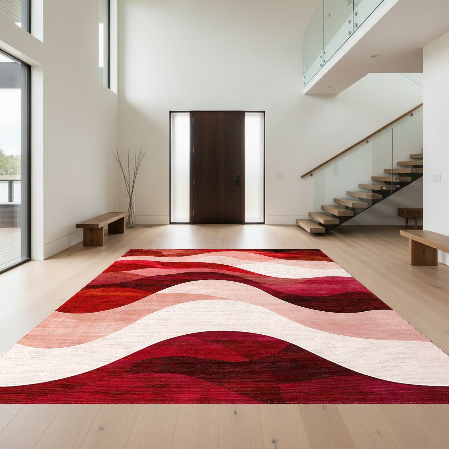 Abstract Red Layered Waves Rug