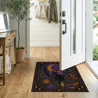 Mystical Black Cat Purple Moon Area Rug