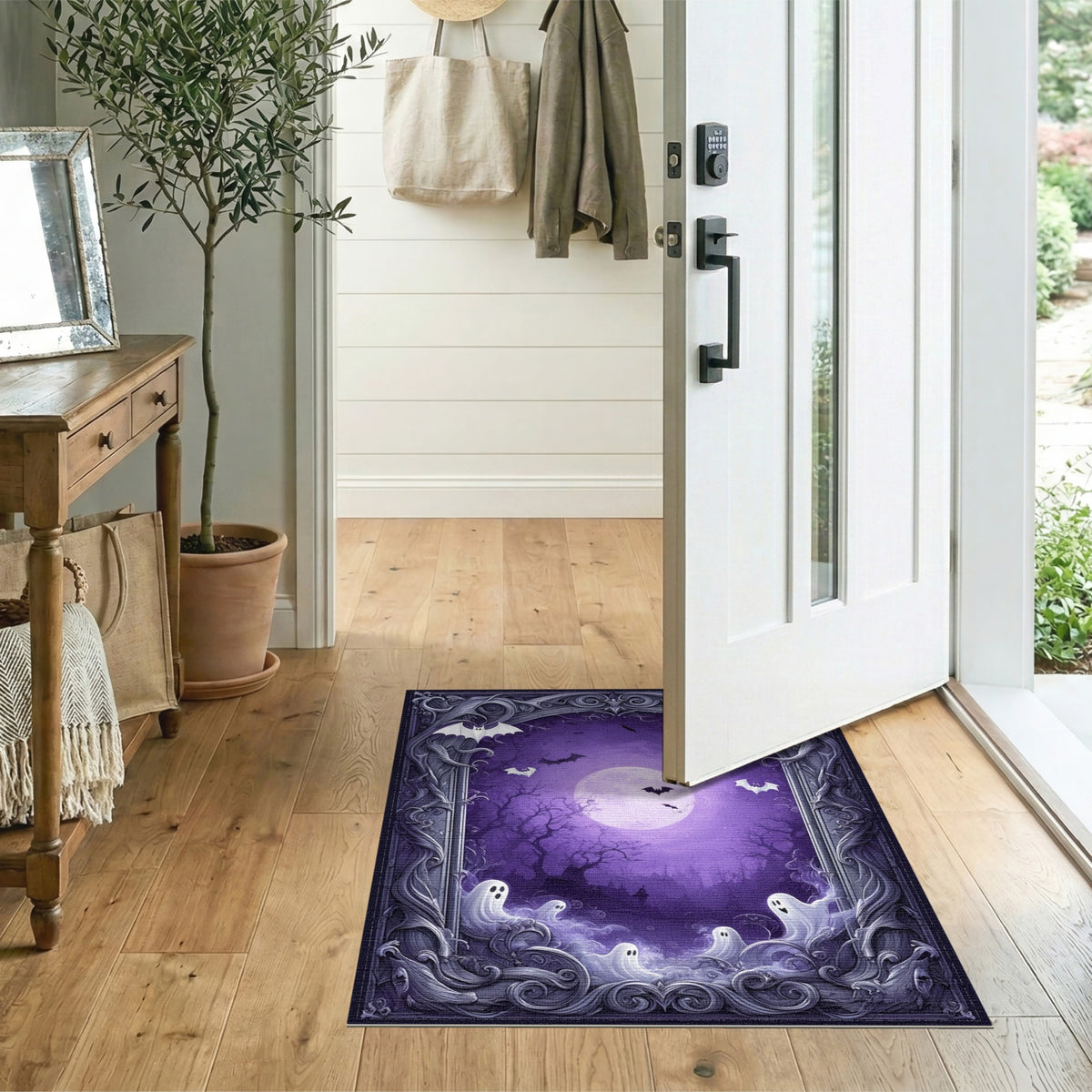 Spooky Purple Ghosts and Bats Halloween Rug