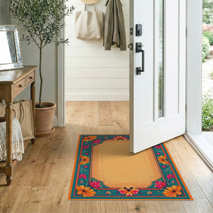 Vibrant Floral Butterfly Teal Border Area Rug