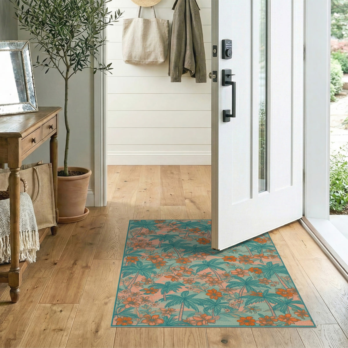 Coastal Palm Tree Teal Area Rug