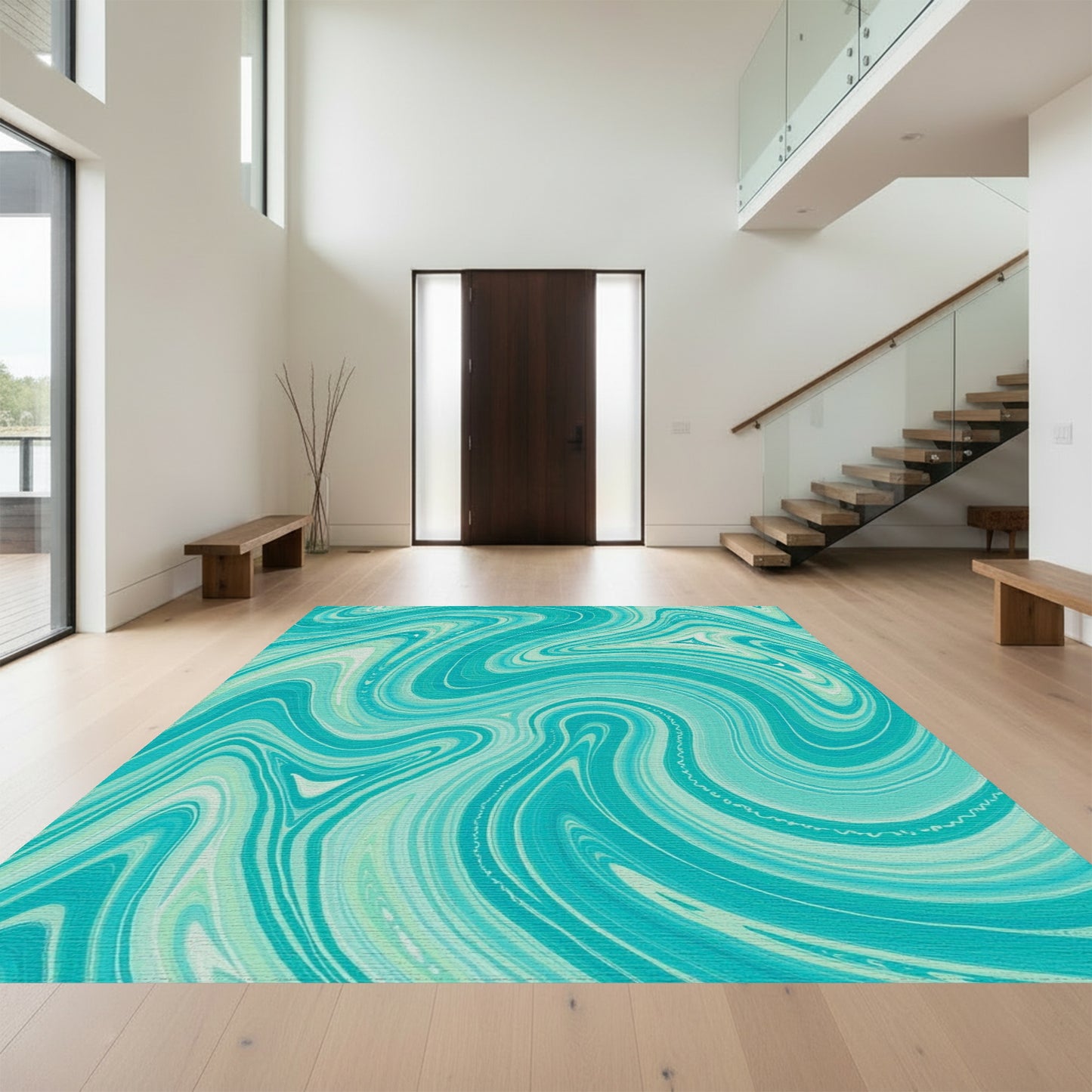 Teal Fluid Wave Swirl Rug